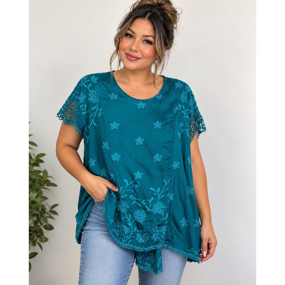 Johnny Was Embroidered Tunic Top Teal Floral Crochet Sleeve Womens Small S